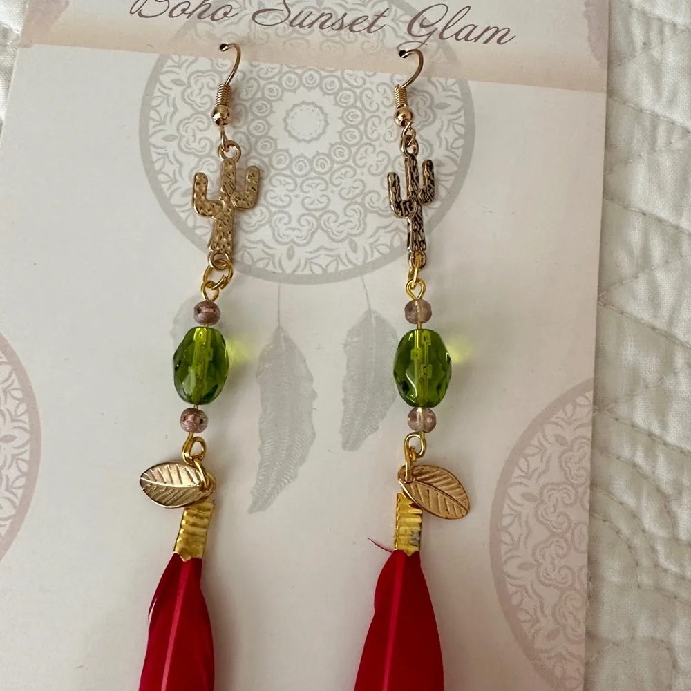 Cactus Southwest Handmade Boho Feather Earrings